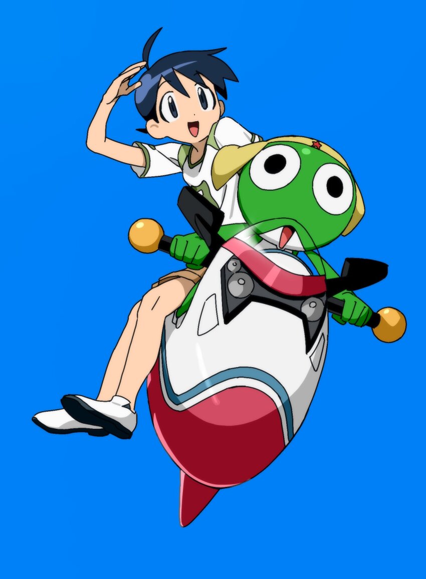 1boy alien blue_hair highres hinata_fuyuki keroro keroro_gunsou popo92_z riding shirt shoes simple_background sitting smile white_shirt white_shoes