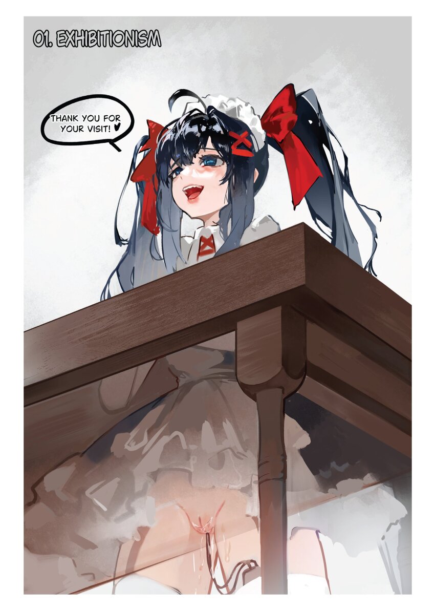 1girl absurdres black_dress black_hair blue_eyes dress egg_vibrator english_text highres long_hair maid maid_headdress object_insertion original public_indecency public_vibrator pussy pussy_juice sex_toy solo speech_bubble thighhighs twintails vaginal vaginal_object_insertion vibrator vibrator_in_thighhighs x-ray yeougui