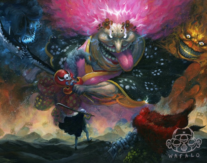 1girl 2boys artist_logo cape charlotte_linlin cloud crazy_smile eustass_kid evil_smile fire fur_cape giant giantess glowing hat hera_(homie) holding holding_sword holding_weapon japanese_clothes jolly_roger kimono lipstick logo long_nose long_sleeves looking_at_another makeup mechanical_arms multiple_boys napoleon_(one_piece) one_piece open_mouth over_shoulder pants pink_hair pirate_hat prometheus_(one_piece) prosthesis prosthetic_arm red_hair shirt single_mechanical_arm size_difference skull_and_crossed_swords smile spoilers sword teeth tongue tongue_out traditional_media trafalgar_law wafalo weapon weapon_over_shoulder