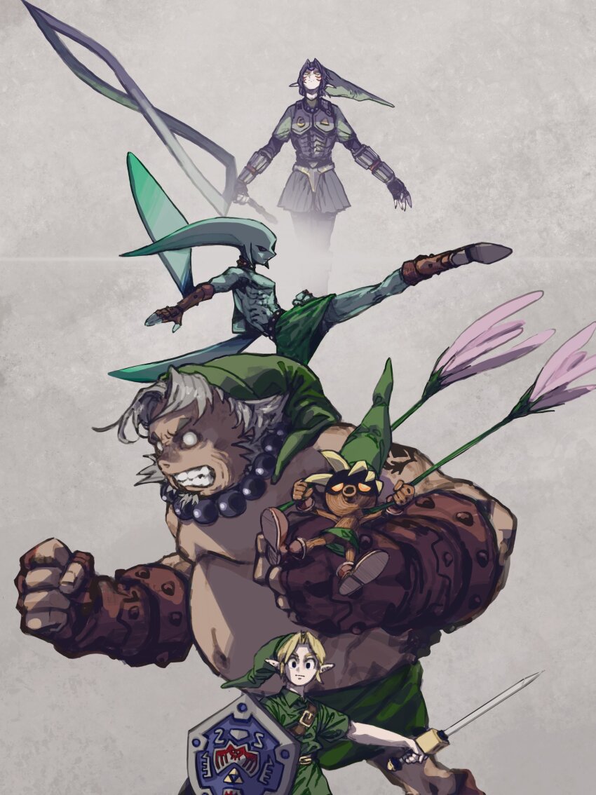 1boy 5boys absurdres armor belt blonde_hair boots clenched_hands clenched_teeth collar deku_link deku_scrub facial_hair facing_viewer fierce_deity flower gauntlets glowing glowing_eyes goatee goron goron_link grey_background grey_hair gus_uur hat highres holding holding_sword holding_weapon jewelry kicking link multiple_boys multiple_persona muscular muscular_male navel necklace nintendo orange_eyes pointy_ears shield solo studded_belt studded_collar sword teeth the_legend_of_zelda the_legend_of_zelda:_majora&#039;s_mask tunic weapon zora zora_link