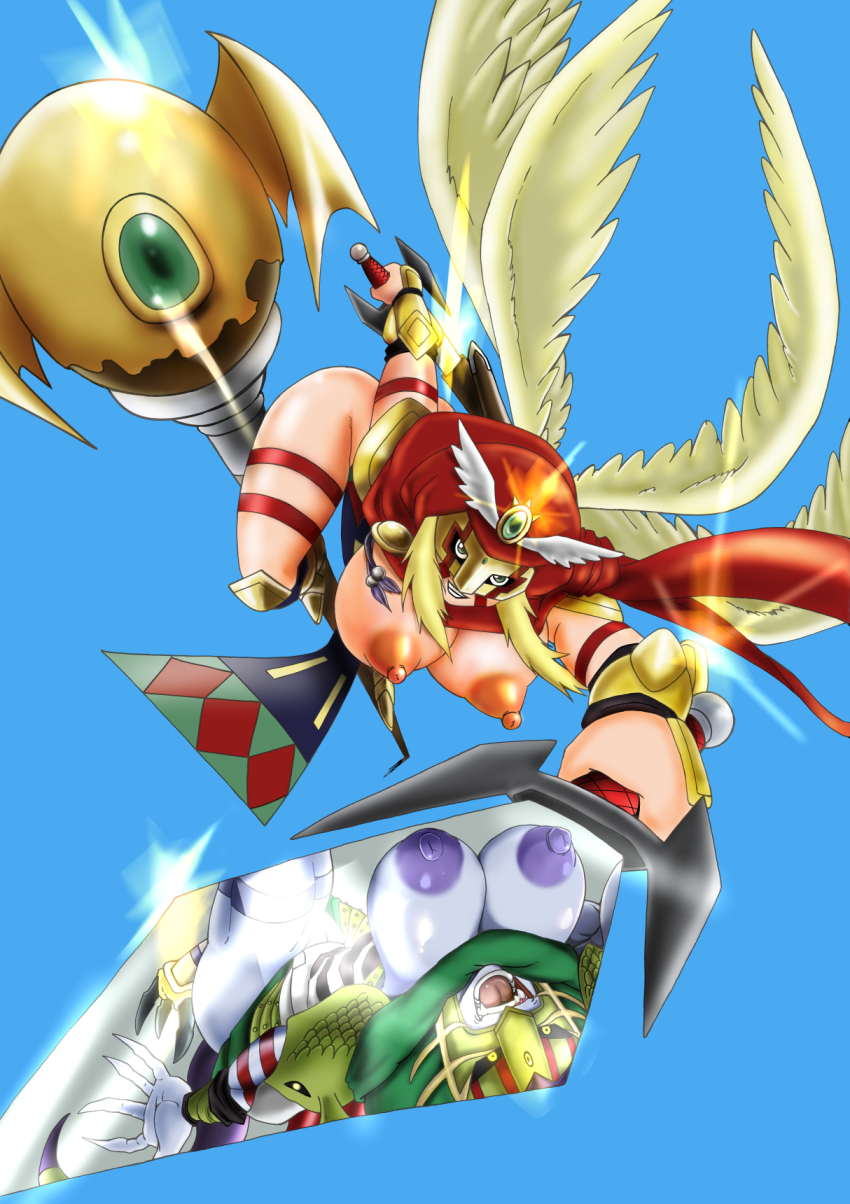 2girls angel angel_wings ass bare_legs blonde_hair blue_background blue_eyes blue_skin breasts colored_nipples colored_skin darcmon digimon digimon_(creature) digimon_frontier digimon_frontier:_kodai_digimon_fukkatsu!! diving female_focus glowing highres holding holding_sword holding_weapon huge_ass large_breasts mask mask_on_head masked multiple_girls murmukusmon nipples purple_nipples shiny_skin sparkle sword thick_thighs thighhighs thighs weapon wings yellow_eyes