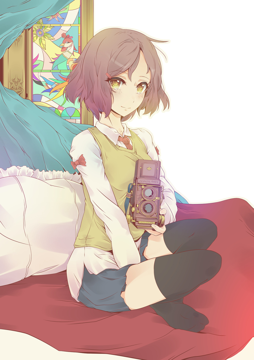 1girl bad_id bad_pixiv_id between_legs bird black_thighhighs blanket blue_skirt brown_hair camera curtains eyelashes female_focus flower hair_ornament hairclip hand_between_legs highres indian_style light_smile long_sleeves looking_at_viewer necktie no_shoes original pillow red_necktie seelean shirt short_hair simple_background sitting skirt solo stained_glass sweater_vest thighhighs twin-lens_reflex_camera untucked_shirt white_background yellow_eyes