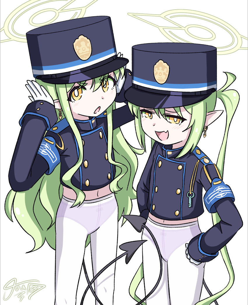 2girls blue_archive elf female_focus green_hair hat hikari_(blue_archive) jua long_hair looking_at_viewer multiple_girls nozomi_(blue_archive) open_mouth panties pointy_ears police police_uniform shorts simple_background thighhighs tongue underwear unifom white_background white_panties white_thighhighs yellow_eyes