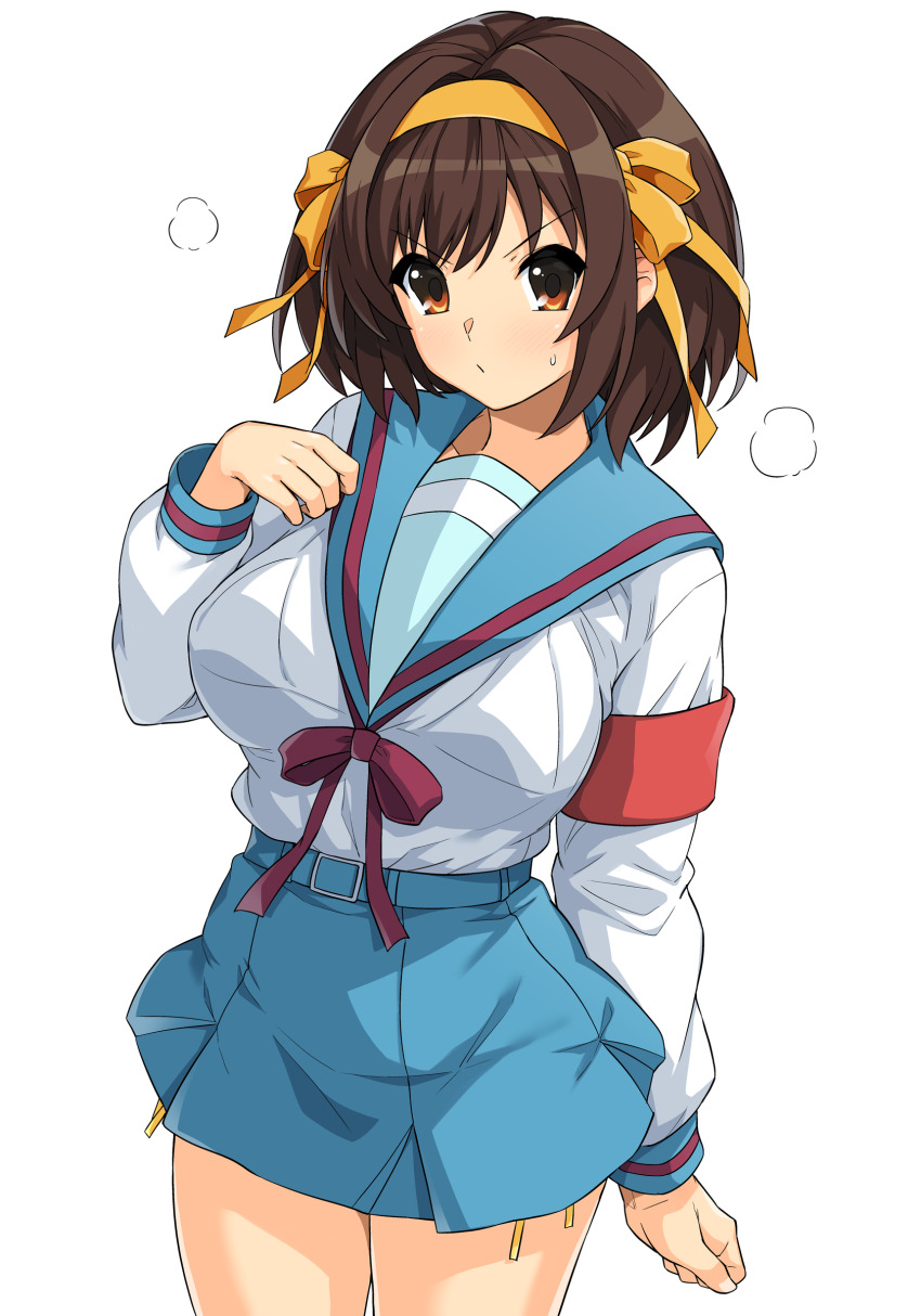 1girl absurdres armband bikini bikini_bottom_only bikini_under_skirt blue_sailor_collar blue_skirt breasts brown_eyes closed_mouth cowboy_shot hair_ribbon hairband haruhisky highres kita_high_school_uniform large_breasts long_sleeves looking_at_viewer medium_hair red_armband ribbon sailor_collar school_uniform serafuku side-tie_bikini_bottom simple_background skirt solo standing suzumiya_haruhi suzumiya_haruhi_no_yuuutsu swimsuit thighs white_background yellow_bikini yellow_hairband yellow_ribbon