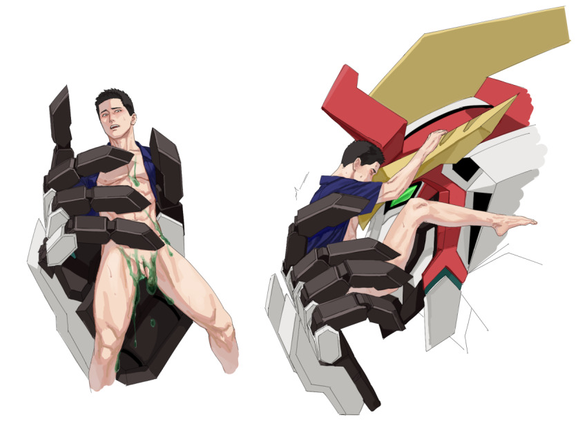 2boys ao_isami bara bare_pectorals black_hair blush bottomless bravern collage couple cropped_legs facial_hair fellatio from_side giant giant_male in_palm looking_at_viewer male_focus multiple_boys oral pectorals penis robot_sex sideburns_stubble slime_(substance) stubble thick_eyebrows thighs toned toned_male xylo_bee yaoi yuuki_bakuhatsu_bang_bravern