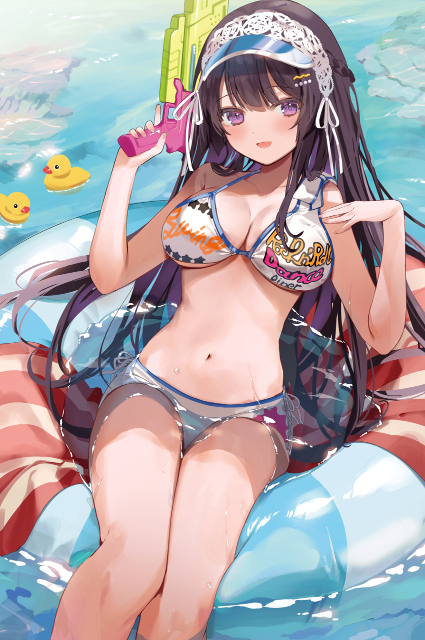1girl afloat bare_arms bare_shoulders bikini black_hair breasts cleavage clothes_writing commentary_request day highres holding holding_water_gun innertube kanda_done large_breasts long_hair looking_at_viewer navel open_mouth original pink_eyes rubber_duck smile solo swim_ring swimsuit trigger_discipline visor_cap water water_gun white_bikini