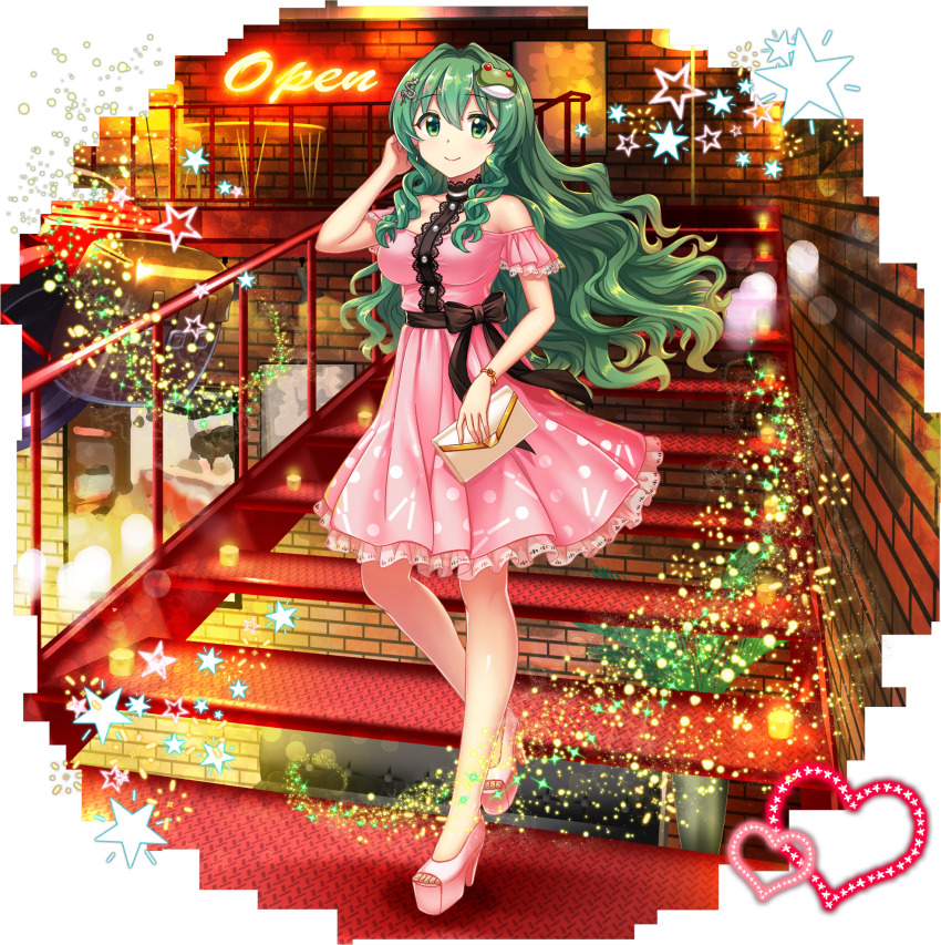 1girl adjusting_hair alternate_costume alternate_hairstyle bag bare_arms bare_legs bare_shoulders blush bow bracelet breasts brick_wall brown_bow brown_sash candle closed_mouth clutch_purse collarbone dress frilled_dress frills frog_hair_ornament full_body game_cg green_eyes green_hair hair_between_eyes hair_ornament heart high_heels highres holding holding_bag indoors jewelry kochiya_sanae kochiya_sanae_(nighttime_breath_of_fresh_air) legs long_hair looking_at_viewer neon_lights nightclub official_art pink_dress pleated_dress pocketbook railing ringlets rotte_(1109) sash short_dress short_sleeves sidelocks smile snake_hair_ornament solo stairs star_(symbol) third-party_source toes touhou touhou_lostword transparent_background very_long_hair walking wavy_hair