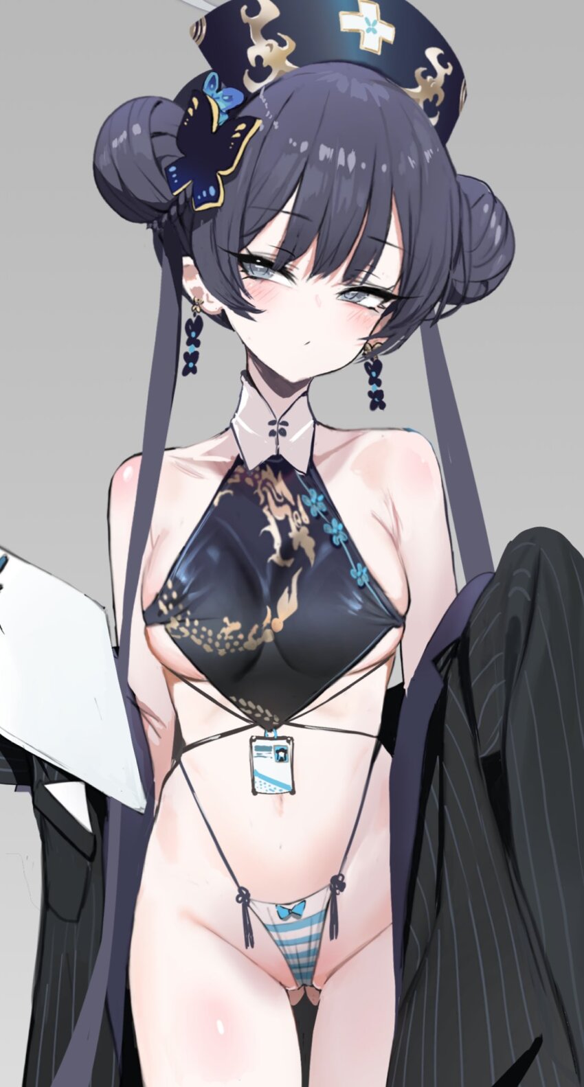 1girl aged_up alternate_breast_size bikini black_hair blue_archive blue_bow bow breasts butterfly_hair_ornament closed_mouth dishwasher1910 double_bun earrings gluteal_fold grey_background grey_eyes hair_bun hair_ornament hat highres id_card jewelry kisaki_(blue_archive) large_breasts light_blush looking_to_the_side micro_bikini nurse_cap pinstripe_jacket pinstripe_pattern sideboob simple_background string_bikini swimsuit underboob