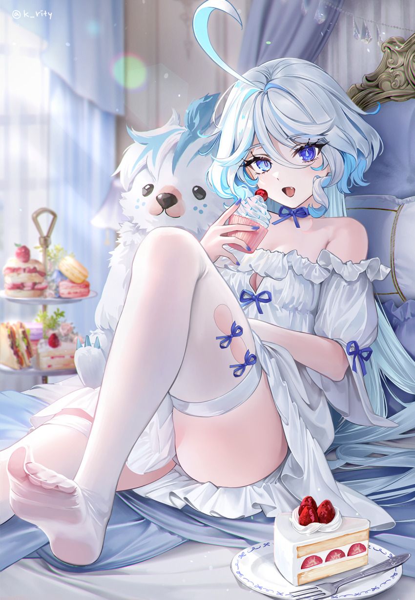 1girl ahoge bed blue_eyes blue_ribbon cake cake_slice cupcake dress eating feet food furina_(genshin_impact) genshin_impact highres holding holding_food legs looking_at_viewer no_shoes off_shoulder open_mouth plate ribbon rity soles thighhighs thighs white_curtains white_dress white_hair white_thighhighs