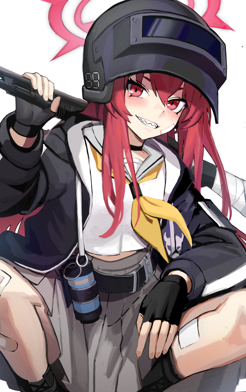 1girl absurdres black_boots black_gloves black_headwear blue_archive boots fingerless_gloves franz2543 gloves grey_sailor_collar grey_skirt grin gun hair_between_eyes halo helmet highres holding holding_gun holding_weapon long_hair long_sleeves looking_at_viewer neckerchief pleated_skirt rabu_(blue_archive) red_eyes red_hair red_halo sailor_collar school_uniform serafuku sharp_teeth simple_background skirt smile solo teeth weapon white_background yellow_neckerchief