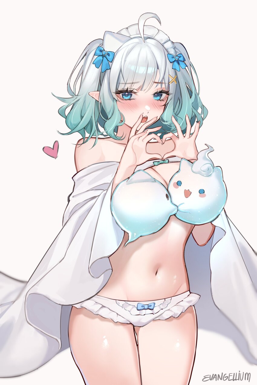 1girl absurdres ahoge aqua_hair artist_name blush bow bow_panties breasts cape cleavage commentary commission convenient_censoring cowboy_shot english_commentary evangellium four-finger_heart_hands frilled_panties frills gradient_hair green_hair hair_bow hair_ornament heart heart_hands highres hitodama indie_virtual_youtuber looking_at_viewer maid_headdress medium_hair mint_fantome multicolored_hair navel off_shoulder open_mouth panties pointy_ears simple_background solo stomach thighs triangular_headpiece two_side_up underwear virtual_youtuber white_background white_cape white_hair white_panties wisps_(mint_fantome) x_hair_ornament
