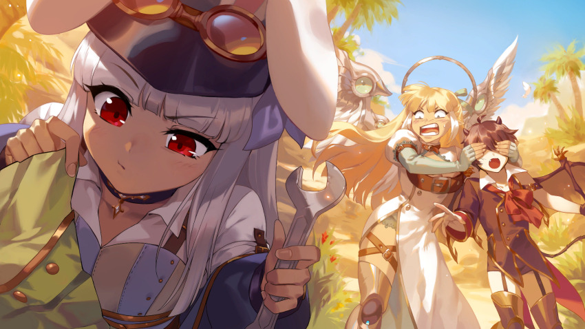 1boy 2girls angel_wings animal_ears artist_request blonde_hair celia_(tevi) check_artist closed_mouth demon_boy demon_tail demon_wings ein_lee feathered_wings game_cg gloves halo highres holding holding_wrench long_hair multiple_girls non-web_source open_mouth rabbit_ears rabbit_girl red_eyes sable_(tevi) tail teeth tevi tevi_(character) very_long_hair white_hair wings wrench
