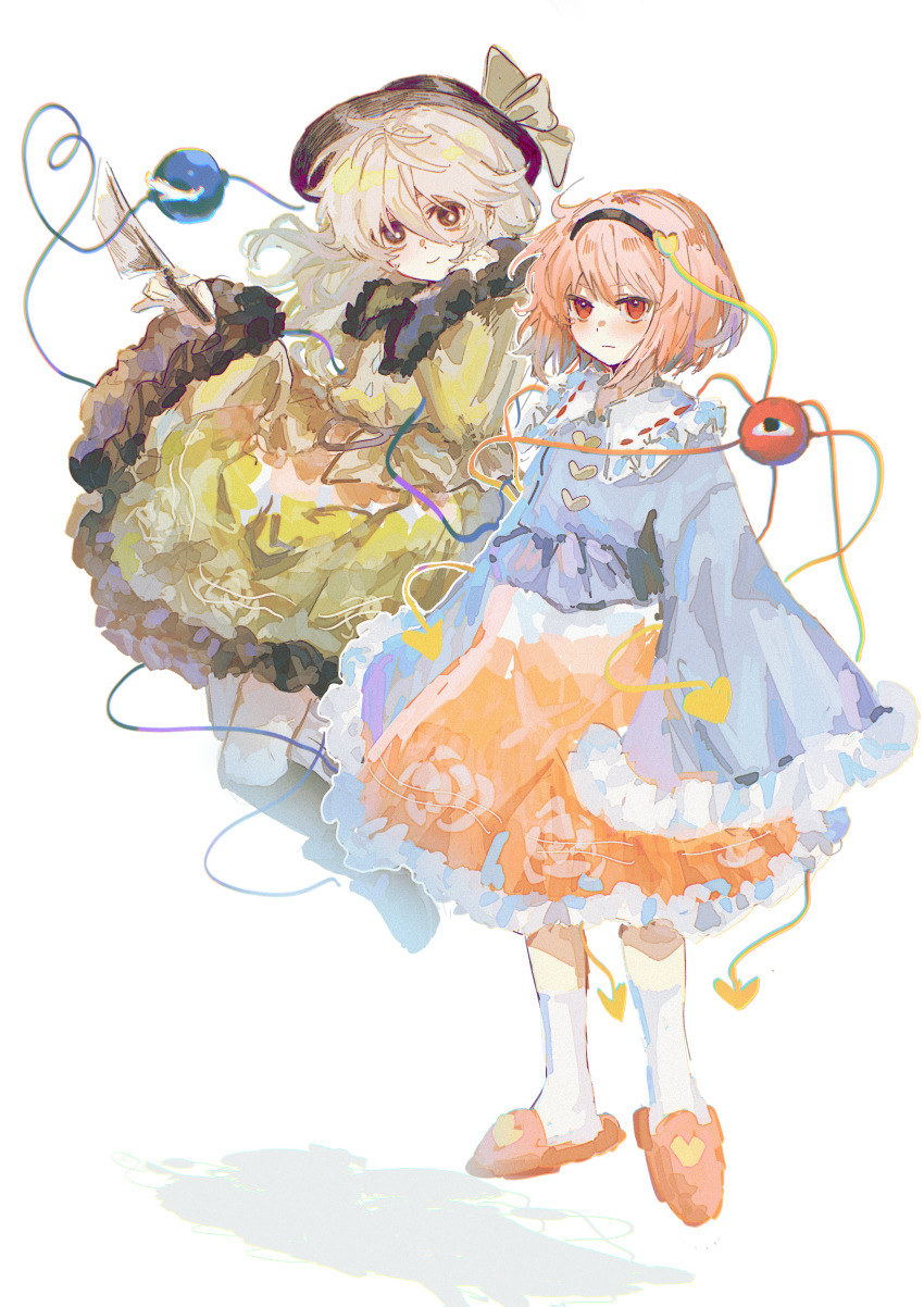 2girls absurdres black_eyes black_footwear black_hairband black_headwear blouse blue_shirt blush boots bow bright_pupils buttons closed_mouth floating floating_hair floral_print frilled_shirt_collar frilled_skirt frilled_sleeves frills full_body green_skirt hair_ornament hairband hat hat_bow heart heart_button heart_hair_ornament heart_of_string highres holding holding_knife huangdouliuhan knife komeiji_koishi komeiji_satori light_green_hair long_hair long_sleeves looking_at_viewer multiple_girls pink_hair pink_skirt pink_slippers red_eyes ribbon_trim rose_print shirt short_hair siblings sisters skirt sleeves_past_fingers sleeves_past_wrists slippers smile socks standing third_eye touhou white_pupils white_socks wide_sleeves yellow_bow yellow_shirt