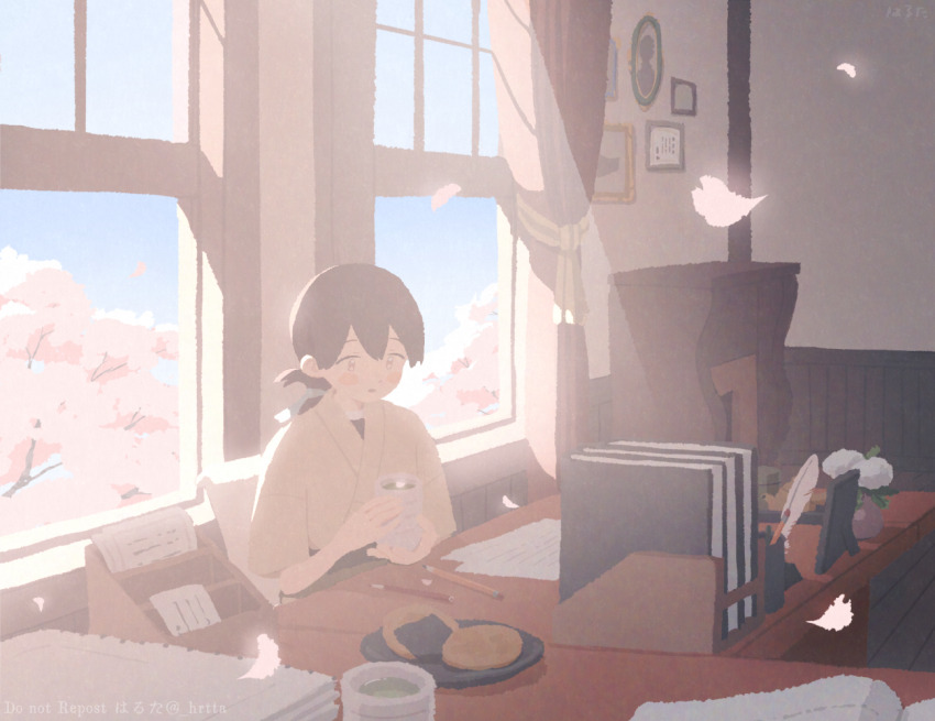 1girl brown_eyes brown_hair cherry_blossoms cup day folded_ponytail food haruta_(hrtco) holding holding_cup indoors japanese_clothes kantai_collection kasuga_maru_(kancolle) long_hair parted_lips pencil petals picture_frame senbei sitting sky solo table upper_body window yunomi