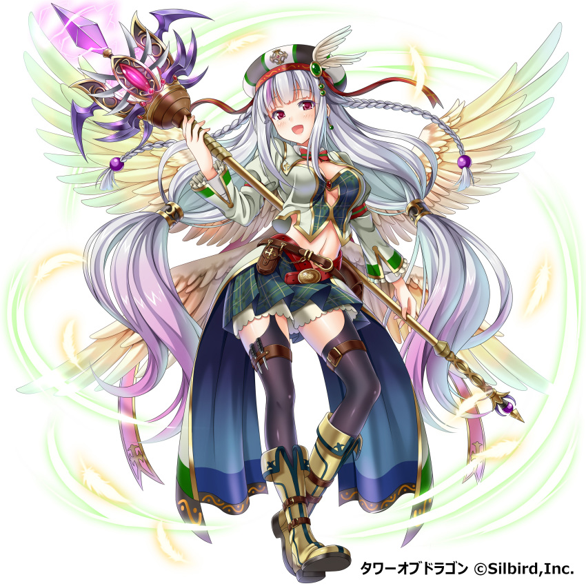 1girl absurdres black_thighhighs breasts cleavage earrings feathered_wings female_focus garter_straps green_skirt hat highres holding holding_weapon jewelry long_hair looking_at_viewer medium_breasts midriff navel pleated_skirt red_eyes silver_hair simple_background skirt solo staff thighhighs tower_of_dragon violetshit weapon white_background wings