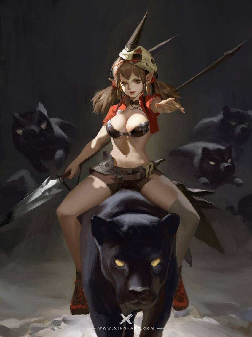 1girl absurdres animal_skull armor artist_name attack bare_arms bare_legs belt belt_buckle black_background black_bra black_choker black_panther black_shoes bra breasts brown_belt brown_eyes brown_hair brown_shorts buckle character_request chinese_commentary choker closed_mouth commentary_request copyright_request criss-cross_straps cropped_jacket earrings eyelashes fang faulds fingernails full_body gold_earrings hair_ornament hair_scrunchie hat highres holding holding_polearm holding_weapon hoop_earrings jacket jewelry large_breasts lips long_hair looking_at_viewer low_twintails midriff multicolored_shoes navel open_clothes open_jacket open_mouth outstretched_arm palms panther pink_lips polearm red_jacket red_scrunchie red_shoes riding riding_animal scrunchie shoes short_shorts short_sleeves short_twintails shorts single_earring skull-shaped_hat smile sneakers solo spear starlab twintails two-tone_shoes underground underwear watermark weapon white_hat