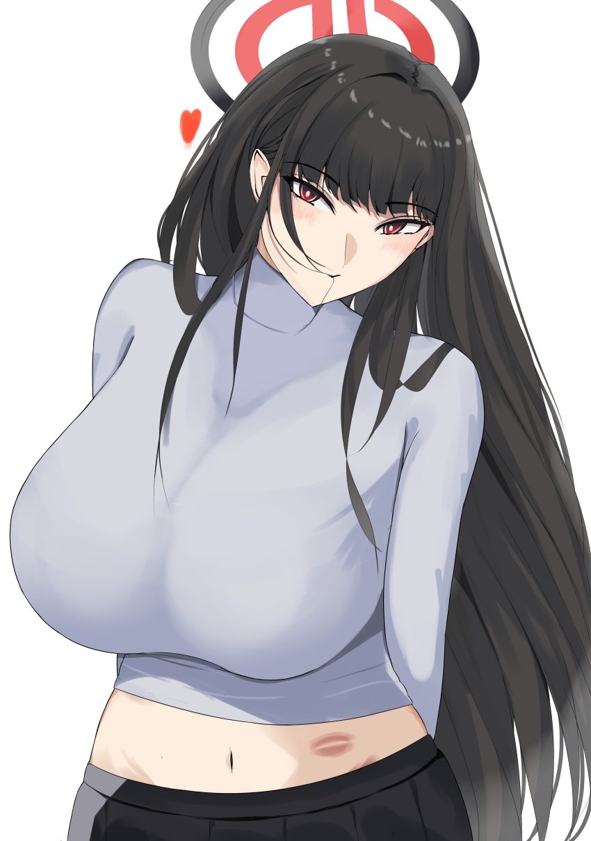 1girl absurdres bad_anatomy black_hair black_halo blue_archive breasts bright_pupils edelweiss17701 halo highres huge_breasts large_breasts long_hair looking_at_viewer original pixiv red_eyes rio_(blue_archive) seminar_(blue_archive) smile solo sweater white_pupils white_sweater