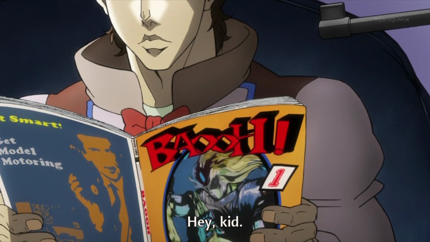 1980s_(style) araki_hirohiko baoh baoh_raihousha brown_hair cameo coat creator_connection jojo_no_kimyou_na_bouken joseph_joestar magazine_(object) oldschool reading retro_artstyle screencap subtitle