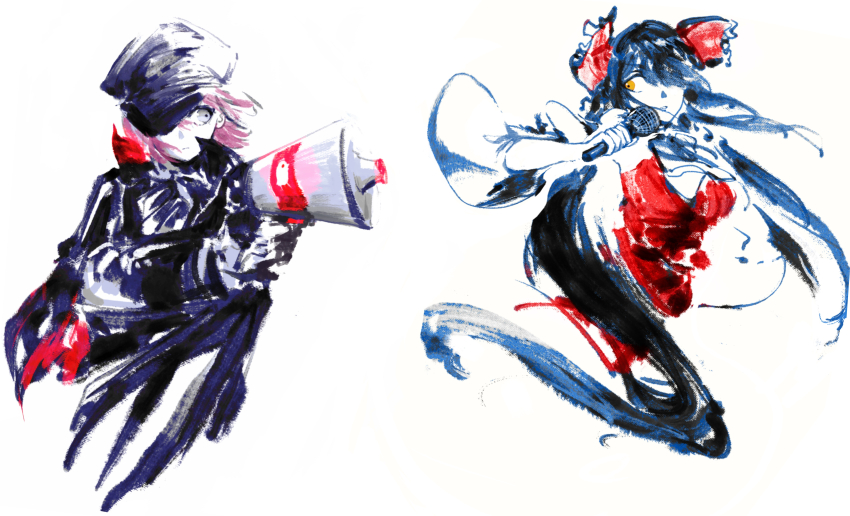 2girls absurdres black_coat black_hair black_headwear bow closed_mouth coat commentary_request cookie_(touhou) cropped_torso dahaoli expressionless frilled_bow frills geru_futota grey_eyes hair_between_eyes hair_bow hair_over_one_eye hakurei_reimu hat hat_over_one_eye highres holding holding_megaphone holding_microphone long_bangs long_hair looking_at_another looking_to_the_side megaphone microphone military_hat multiple_girls pink_hair red_bow red_shirt remilia_scarlet shirt simple_background sleeveless sleeveless_shirt the_chicken_that_appears_in_the_middle_of_cookie touhou upper_body very_long_hair white_background yellow_eyes yuyusu_(cookie)