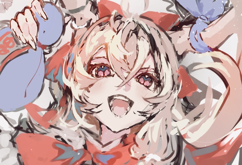 1girl blonde_hair blue_bow blush bow crossed_bangs double-parted_bangs gourd hair_between_eyes highres holding holding_gourd horn_bow horn_ornament horns ibuki_suika long_hair open_mouth po_(anhk5528) red_eyes smile solo touhou