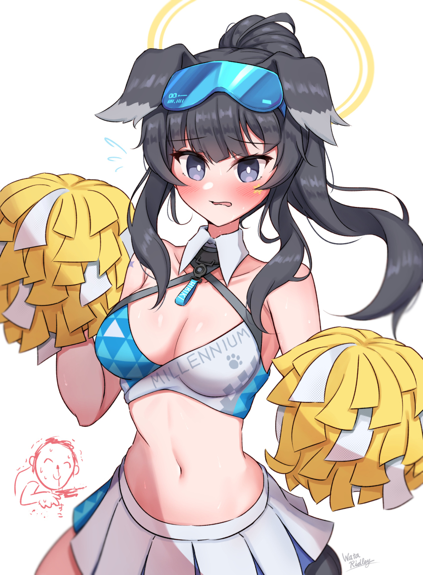 1girl animal_ears black_hair blood breasts cheerleader cleavage dog_ears dog_girl flying_sweatdrops hibiki_(blue_archive) midriff navel nosebleed pom_pom_(cheerleading) sensei_(blue_archive) skirt wata_ridley