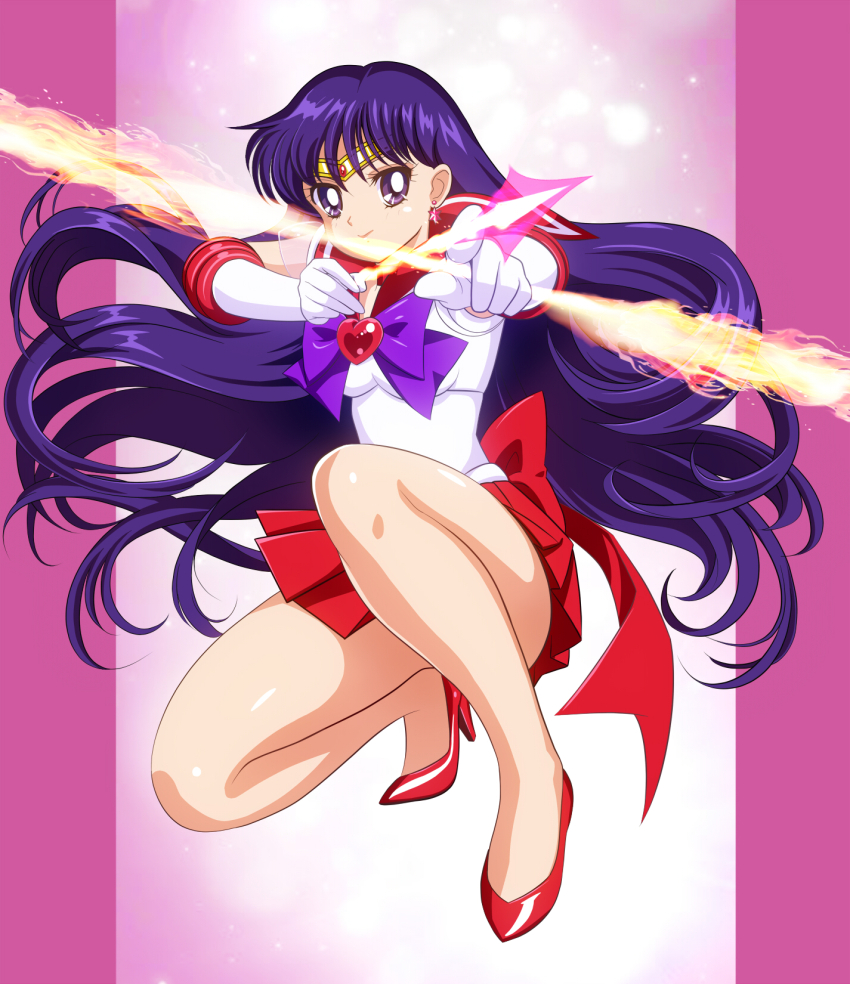 1girl back_bow bishoujo_senshi_sailor_moon black_hair bow circlet elbow_gloves gloves high_heels highres hino_rei long_hair magical_girl mars_arrow mars_flame_sniper pirochi pleated_skirt purple_eyes purple_hair red_sailor_collar red_skirt sailor_collar sailor_mars sailor_senshi_uniform skirt smile solo white_gloves