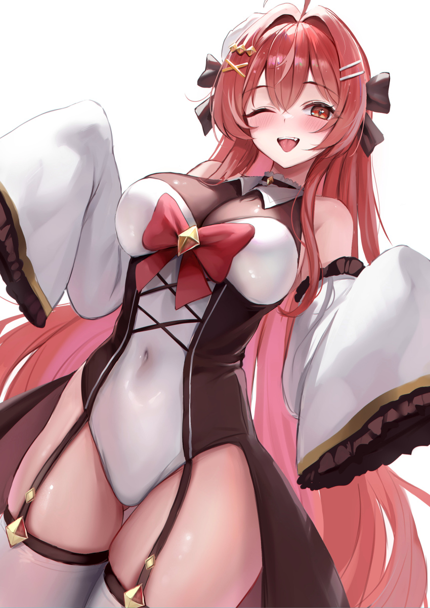 1girl absurdres ahoge bare_shoulders blush bow breasts brown_garter_straps brown_ribbon brown_vest character_request commentary covered_navel fang gluteal_fold hair_intakes hair_ornament hair_ribbon hairclip highres large_breasts long_hair looking_at_viewer one_eye_closed open_mouth pink_eyes pink_hair red_bow ribbon simple_background sleeves_past_fingers sleeves_past_wrists smile solo stone_(ksorede) teeth thighhighs thighs tongue tongue_out upper_teeth_only very_long_sleeves vest white_background white_sleeves white_thighhighs