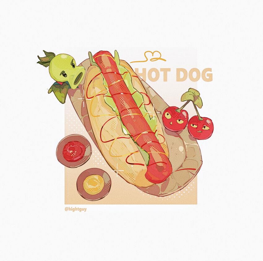 black_eyes cherry_bomb_(plants_vs._zombies) commentary english_text food from_above halftone highres hightguy hot_dog hot_dog_bun ketchup leaf mustard no_humans oversized_food oversized_object plants_vs._zombies repeater_(plants_vs._zombies) white_background yellow_eyes