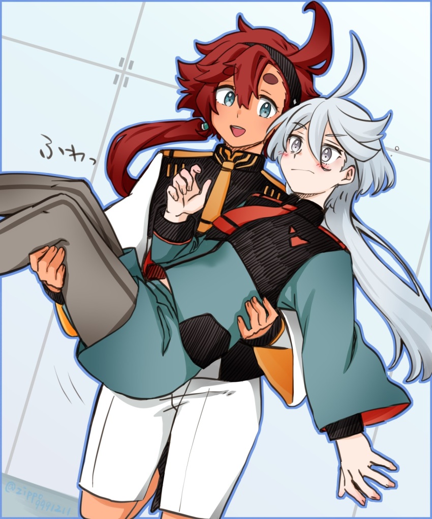 2girls asticassia_school_uniform black_hairband black_pantyhose blue_eyes blush carrying closed_mouth commentary_request green_jacket green_shorts grey_eyes gundam gundam_suisei_no_majo hairband highres jacket jappo long_hair miorine_rembran multiple_girls open_mouth pantyhose ponytail princess_carry red_hair school_uniform shorts smile suletta_mercury thick_eyebrows translation_request white_hair white_jacket white_shorts yuri