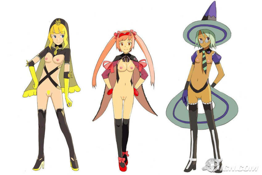 3girls blonde_hair blue_eyes blueberry_(nmh) blunt_bangs bow breasts coke-bottle_glasses cranberry_(nmh) crown dark-skinned_female dark_skin elbow_gloves elbow_pads glasses gloves grasshopper_manufacture green_hair hair_ribbon hat hood lingerie magical_girl medium_breasts midriff mini_crown multiple_girls necktie no_more_heroes nude_filter okama pink_hair pubic_hair pure_white_lover_bizarre_jelly pussy red_eyes ribbon smile strawberry_(nmh) thighhighs third-party_edit underwear witch_hat zettai_ryouiki