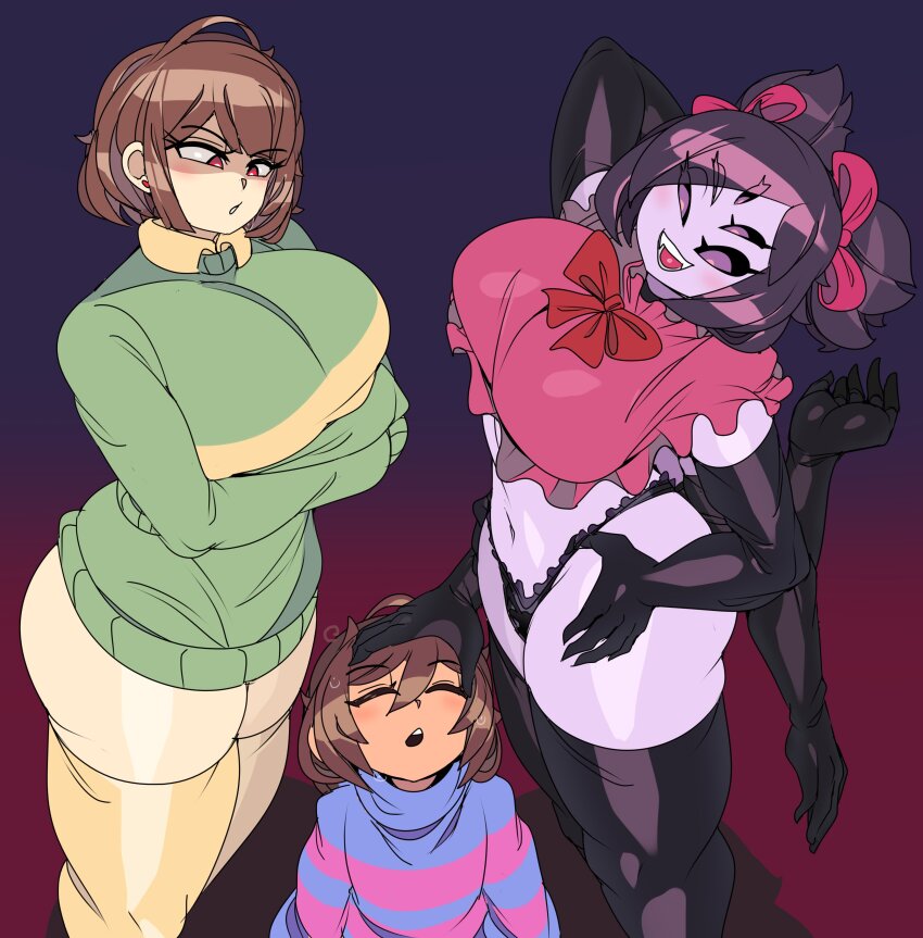 1other 2girls absurdres ambiguous_gender arthropod_girl black_gloves breasts brown_hair bug captain_kirb chara chara_(undertale) closed_eyes elbow_gloves frisk_(undertale) gloves gradient_background hand_on_another&#039;s_head hetero highres huge_breasts insect_girl large_breasts leggings muffet extra_arms multi_limb multiple_girls panties purple_eyes purple_hair red_eyes simple_background spider spider_girl thick_thighs thighs undertale underwear