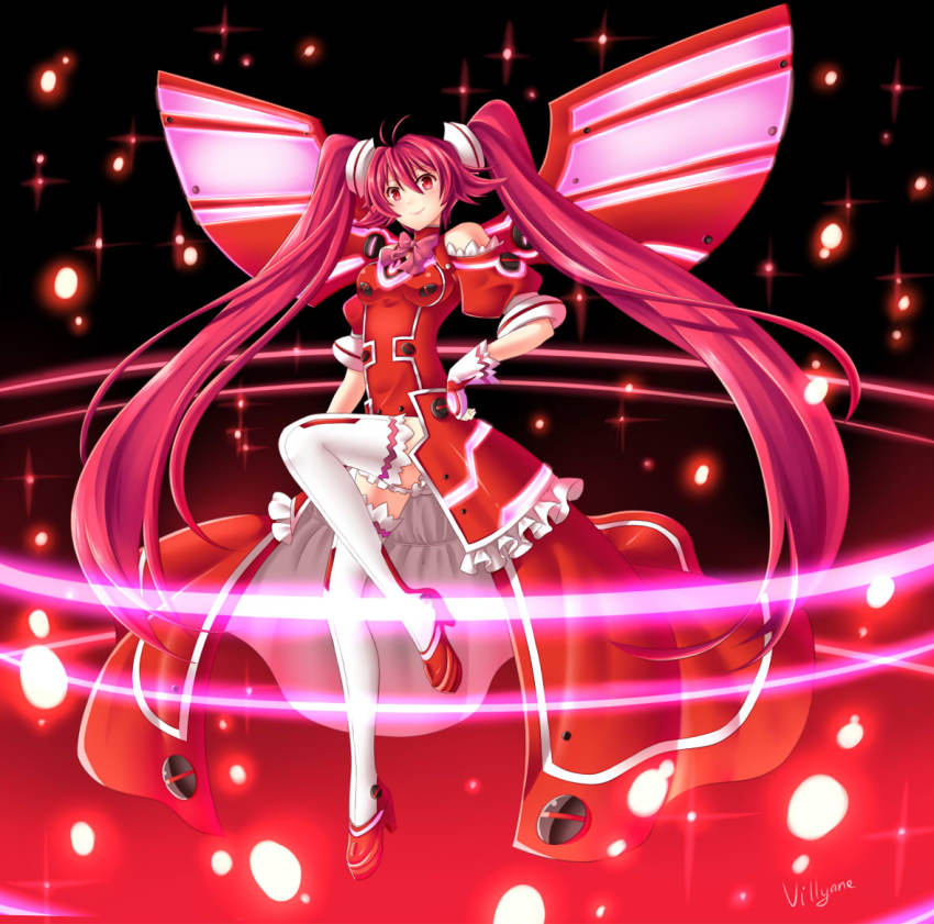 1girl antenna_hair dress female_focus hand_on_own_hip long_hair looking_at_viewer mecha_musume mechanical_wings red_dress red_eyes red_hair shoes solo thighhighs twintails villyane vividred vividred_operation white_thighhighs wings