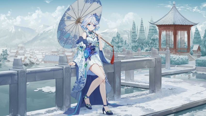 1girl absurdres alternate_costume architecture bare_legs bare_shoulders blue_eyes blue_footwear blue_hair blue_pupils blue_theme breasts china_dress chinese_clothes closed_mouth commentary_request day dress drop-shaped_pupils colored_bangs flower full_body furina_(genshin_impact) genshin_impact hair_flower hair_ornament heterochromia high_heels highres holding holding_umbrella lake looking_at_viewer miao_shang_san_xiao mountain multicolored_hair oil-paper_umbrella outdoors pavilion pine_tree scenery short_hair sitting sky snow solo streaked_hair symbol-shaped_pupils tassel tree umbrella white_dress white_hair wide_sleeves