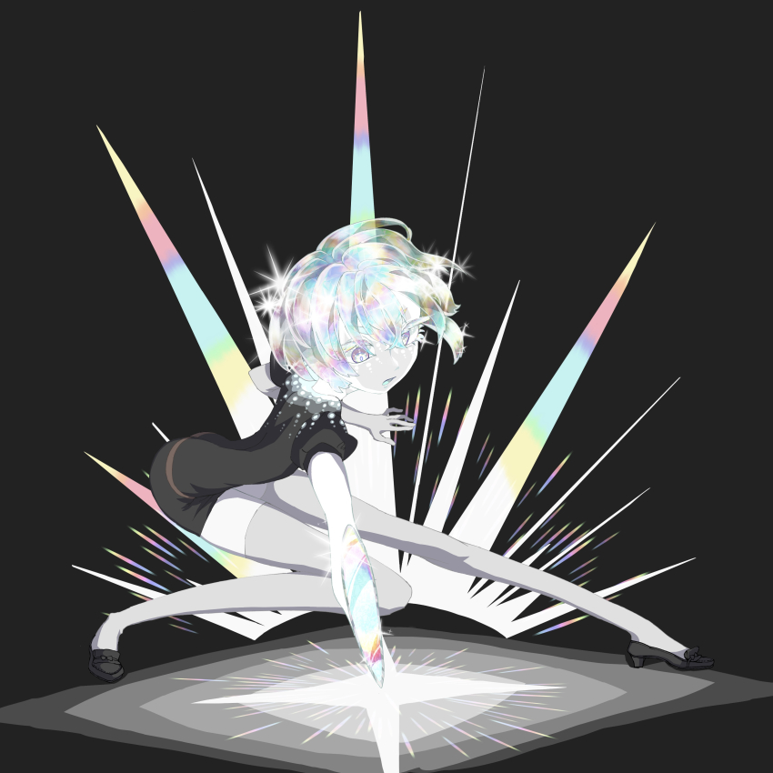 1other absurdres androgynous bike_shorts black_jacket black_shoes black_shorts diamond_(houseki_no_kuni) full_body gem_uniform_(houseki_no_kuni) highres houseki_no_kuni jacket mikannotsubu other_focus puffy_short_sleeves puffy_sleeves shoes short_hair short_sleeves shorts solo thighhighs white_thighhighs