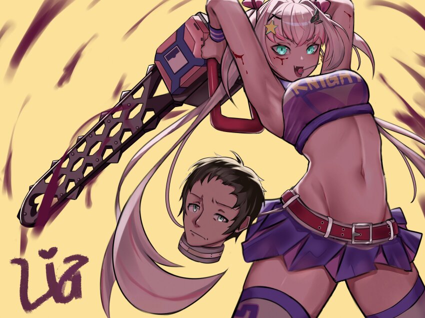 1boy 1girl absurdres aqua_eyes armpits arms_up belt blood blood_on_arm blood_on_face blood_splatter bloody_weapon bow breasts brown_hair candy chainsaw character_name cheerleader clothes_writing cosplay crop_top fang food food_in_mouth grey_eyes grey_hair hair_bow hair_ornament highres holding holding_chainsaw juliet_starling juliet_starling_(cosplay) lollipop lollipop_chainsaw long_hair medium_breasts multicolored_hair navel phase_connect pink_bow pink_hair pleated_skirt purple_skirt red_belt rinkou_ashelia severed_head silva_arts skirt star_(symbol) star_hair_ornament stomach streaked_hair thighhighs tongue twintails two-tone_skirt two-tone_wristband virtual_youtuber weapon