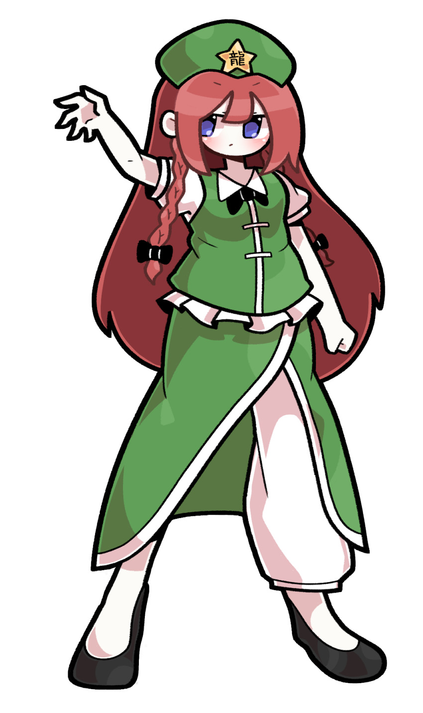 1girl :/ arm_up baek_ban black_bow black_shoes blue_eyes bow braid breasts closed_mouth commentary frilled_vest frills full_body green_hat green_skirt green_vest hair_bow hat hat_ornament highres hong_meiling pants red_hair shoes side_braids simple_background skirt small_breasts solo star_(symbol) star_hat_ornament tachi-e touhou vest white_background white_pants white_trim