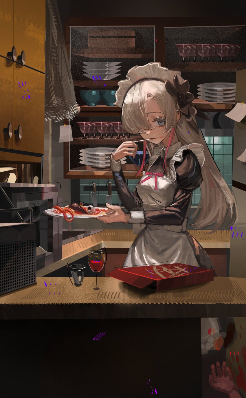1girl absurdres alternate_costume apron asymmetrical_bangs black_dress blood blood_on_face blood_trail blue_eyes bowl box collared_dress commentary corpse cup dress drinking_glass eating empty_eyes enmaided eyeball eyelashes flower frilled_apron frills grey_hair hair_flower hair_ornament hair_over_one_eye highres holding holding_plate holding_spoon horror_(theme) iinagi_(kashiwa_keira) indoors isekaijoucho juliet_sleeves kamitsubaki_studio kitchen knife long_hair long_sleeves maid maid_apron maid_headdress microwave one_eye_covered plate puffy_sleeves radio red_streaks refrigerator solo spoon standing sticky_note three_quarter_view virtual_youtuber watercolor_effect white_apron white_sleeve_cuffs wing_collar