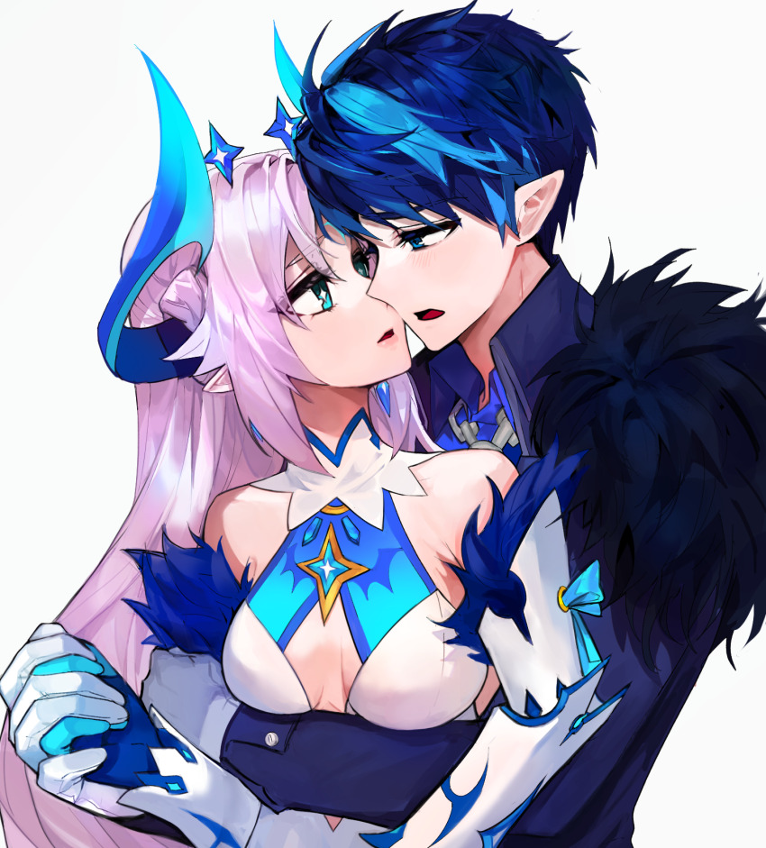 1boy 1girl bare_shoulders blue_eyes blue_gloves blue_hair blue_horns blue_shirt breasts center_opening chevalier_(elsword) ciel_(elsword) detached_sleeves dress elsword gloves grey_hair highres holding_hands horns ishtar_(elsword) long_hair looking_at_another luciela_r._sourcream mme12165 open_mouth pointy_ears shirt short_hair simple_background upper_body white_background white_dress white_gloves white_sleeves