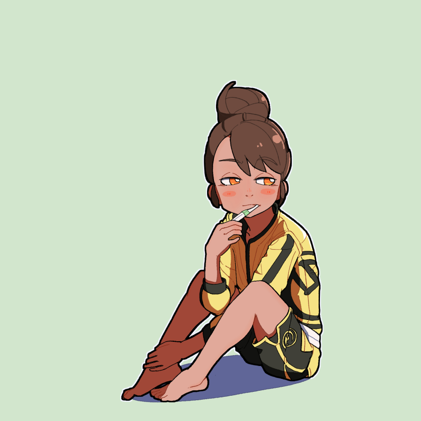 1girl 2049_(hh5566) barefoot blush bored brown_eyes brown_hair brushing_teeth child clenched_hands electric_toothbrush feet female_focus flat_chest full_body gloria_(pokemon) green_background hair_bun half-closed_eyes hand_on_own_foot hand_up highres jacket long_sleeves looking_at_viewer looking_to_the_side master_dojo_uniform matching_hair/eyes medium_hair neck nintendo object_in_mouth official_alternate_costume official_alternate_hairstyle pokemon pokemon_swsh short_shorts shorts side_slit sidelocks simple_background sitting swept_bangs toes toothbrush yellow_jacket