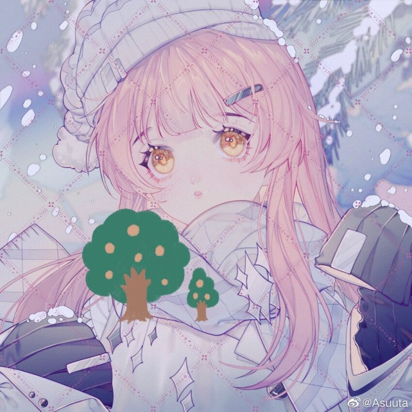 1girl asuuta beanie black_sweater blunt_bangs branch brown_eyes chinese_commentary coat commentary_request commission emoji eyelashes grey_coat grey_hat grey_scarf hair_ornament hairclip hat long_hair long_sleeves loose_hair_strand original outdoors parted_lips pine_tree pink_hair pom_pom_(clothes) pom_pom_beanie scarf sidelocks sleeves_past_fingers sleeves_past_wrists snow solo sweater tareme tree upper_body watermark watermark_grid weibo_watermark winter winter_clothes