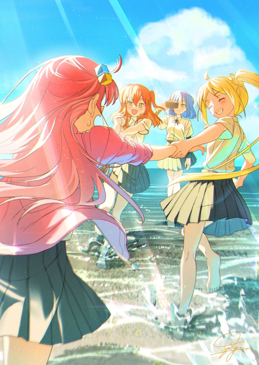4girls :d ^_^ absurdres ahoge barefoot blonde_hair blue_hair blue_sky bocchi_the_rock! camcorder closed_eyes cloud commentary cube_hair_ornament day english_commentary gotoh_hitori green_eyes grin hair_ornament highres holding_another&#039;s_wrist ijichi_nijika jacket jdge kita_ikuyo light_rays long_hair multiple_girls one_side_up open_clothes open_jacket open_mouth orange_hair outdoors pink_hair pink_jacket pleated_skirt short_hair side_ponytail signature skirt sky smile sunbeam sunlight video_camera wading water yamada_ryo yellow_eyes