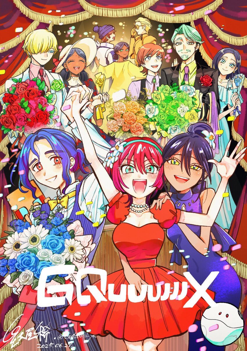 5girls 6+boys amate_yuzuriha amuro_ray aqua_eyes beard bindi black_hair blonde_hair blue_dress blue_eyes blue_hair blush breasts brown_hair challia_bull char&#039;s_counterattack char_aznable closed_mouth collared_shirt colored_inner_hair comoli_harcourt conch_(gundam) copyright_name dark-skinned_female dark_skin double_bun dress dual_persona facial_hair flower forehead formal_clothes green_eyes green_hair gundam gundam_gquuuuuux hair_bun hair_over_one_eye haro hat highres holding jacket lalah_sune long_hair long_sleeves looking_at_viewer mecha_pilot_suit mole mole_under_eye mole_under_mouth multicolored_hair multiple_boys multiple_girls mustache necktie normal_suit_(gundam) nyaan_(gundam_gquuuuuux) open_mouth purple_hair red_dress red_eyes red_hair science_fiction shirouzu_(gundam) shirt short_hair short_sleeves shuji_ito sleeveless smile suit sunglasses tsudzumiya_mare two-tone_hair xavier_olivette yellow_dress yellow_eyes