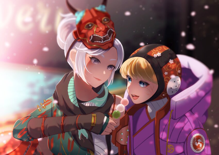 2girls absurdres animification apex_legends blonde_hair blue_eyes blue_shirt blurry blurry_background blush breasts chest_sarashi dango demon&#039;s_whisper_wraith facial_scar feeding food grey_eyes grey_hair highres hood hood_down hooded_jacket jacket japanese_clothes kimono looking_to_the_side mask mask_on_head medium_breasts milmil7 multiple_girls official_alternate_costume olympus_(apex_legends) open_mouth ponytail purple_crane_wattson purple_jacket purple_kimono sanshoku_dango sarashi scar scar_on_cheek scar_on_face shirt smile wagashi wattson_(apex_legends) wraith_(apex_legends) yuri
