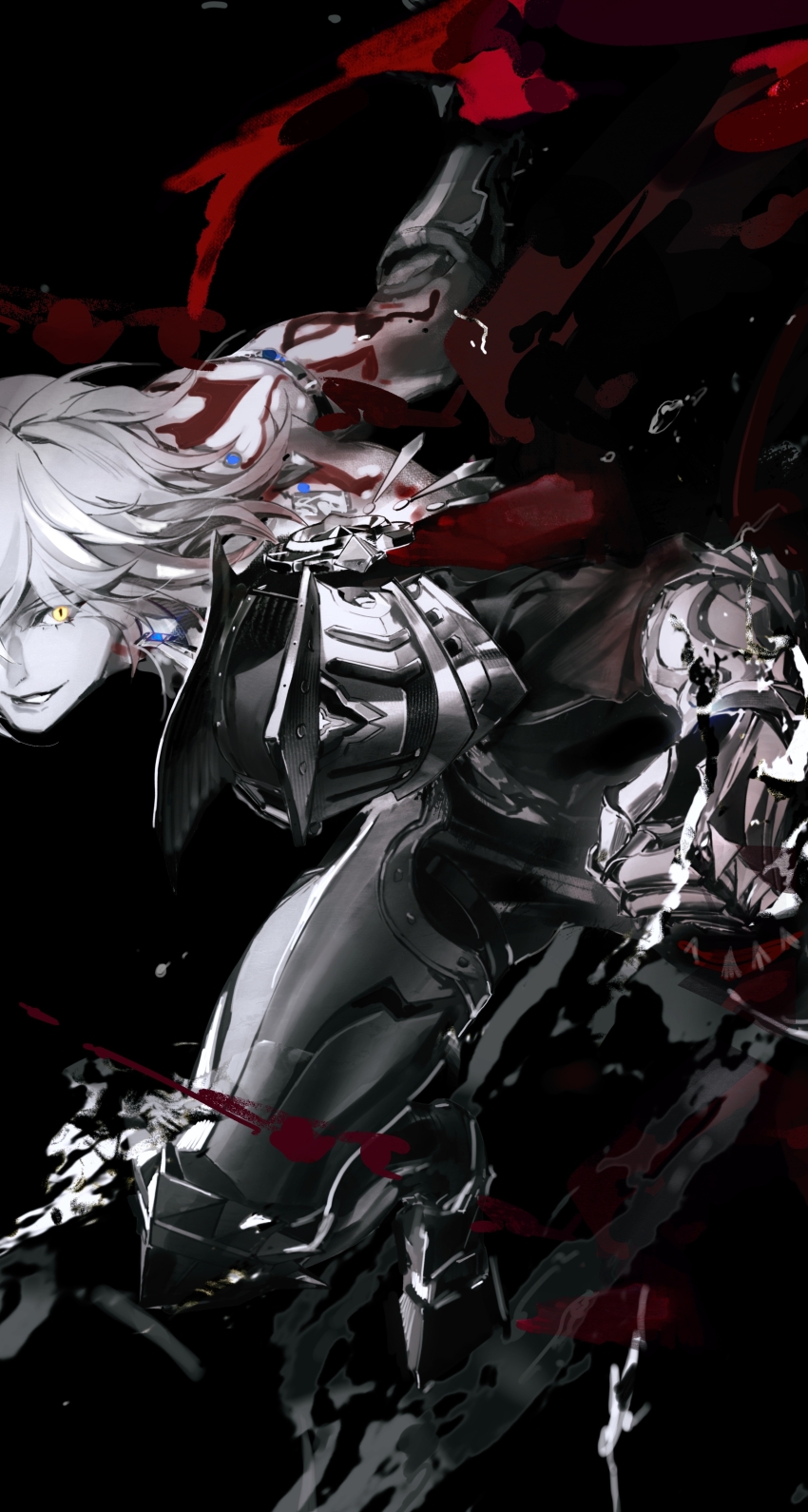 1boy 40080028157 absurdres armlet armored_boots black_background black_coat black_pants boots chinese_commentary clawed_gauntlets coat commentary_request earrings greyscale hair_between_eyes highres honkai:_star_rail honkai_(series) imminent_punch jewelry male_focus medium_hair monochrome mydei_(honkai:_star_rail) open_clothes open_coat pants red_tattoo simple_background solo spot_color yellow_eyes