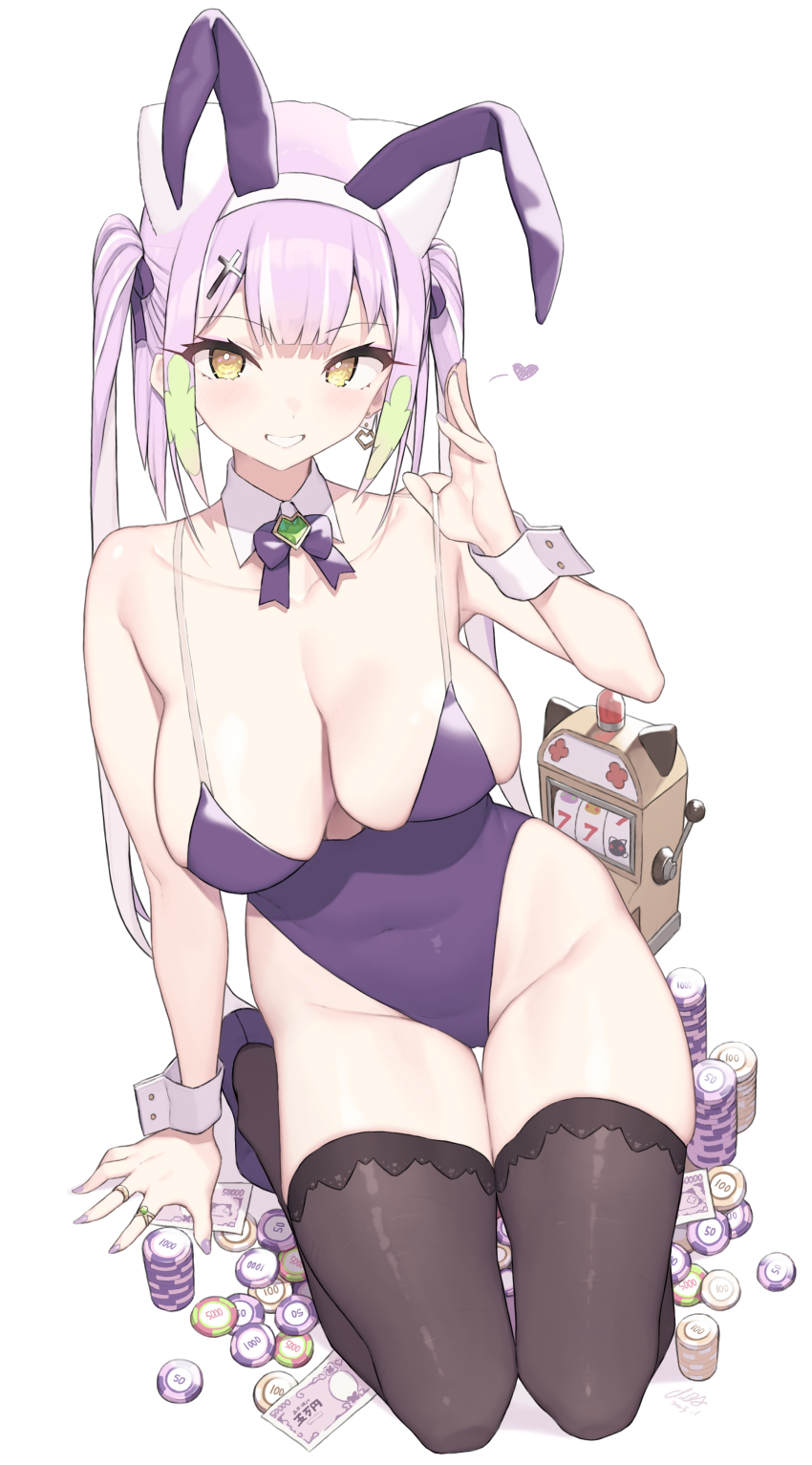 1girl absurdres animal_ears banknote blonde_girl_(cloba) bow bowtie breasts cloba covered_navel cross_hair_ornament detached_collar fake_animal_ears full_body grin groin hair_ornament hair_ribbon hairband hand_up highleg highleg_leotard highres jewelry large_breasts leotard money original pink_hair playboy_bunny poker_chip pulling_own_clothes purple_bow purple_bowtie purple_leotard purple_nails purple_ribbon rabbit_ears ribbon ring skindentation slot_machine smile solo spaghetti_strap strap_pull thigh_gap thighs twintails wing_collar wrist_cuffs yellow_eyes