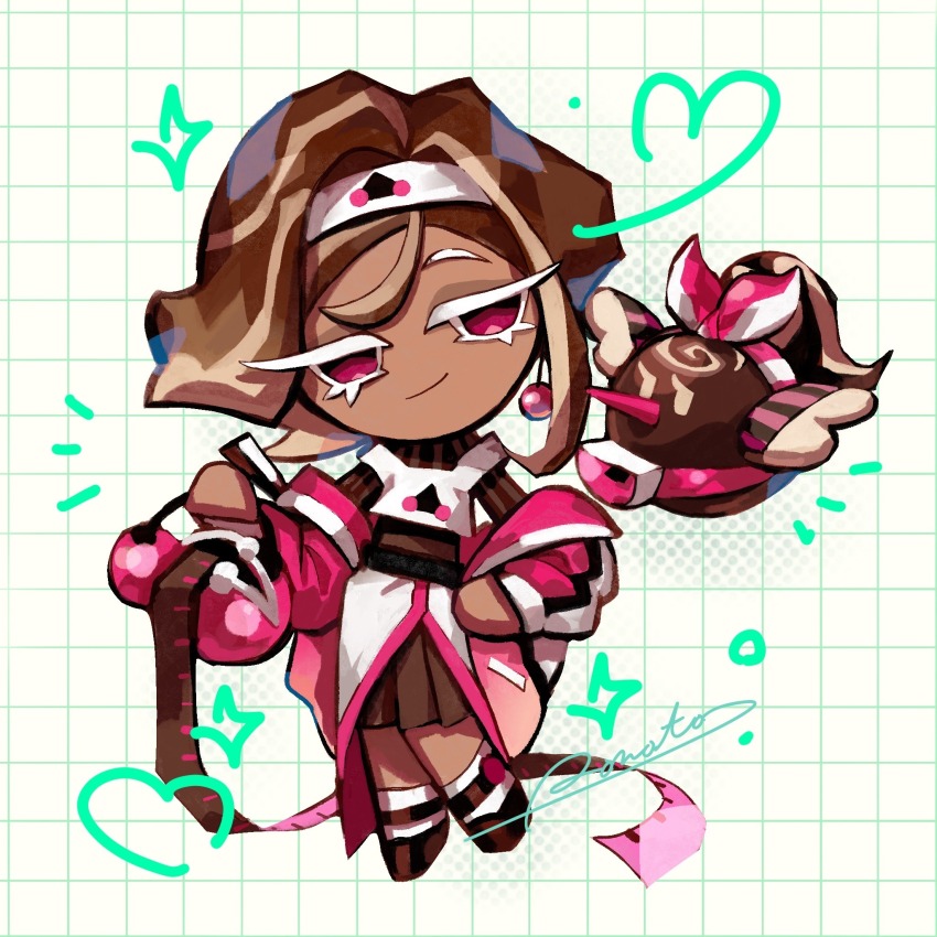 1girl artist_name belt black_belt brown_footwear brown_hair brown_shirt brown_skirt cherry_earrings chocolate_bonbon_cookie chocolate_bonbon_cookie_(a.c.i.d._f/w_collection) circle closed_mouth cookie_run cookie_run:_ovenbreak earrings food-themed_earrings food_themed_earrings full_body grid_background hair_between_eyes halftone halftone_background hand_on_own_hip headband heart highres holding jacket jewelry layered_clothes long_sleeves looking_at_viewer miniskirt multicolored_hair notice_lines official_alternate_costume official_alternate_hairstyle open_clothes open_jacket pink_eyes pink_jacket pleated_skirt rn9j shirt simple_background skirt smile smug socks solo sparkle standing streaked_hair striped_clothes striped_shirt tank_top tape_measure two-tone_hair vertical-striped_clothes vertical-striped_shirt white_background white_headband white_socks white_tank_top