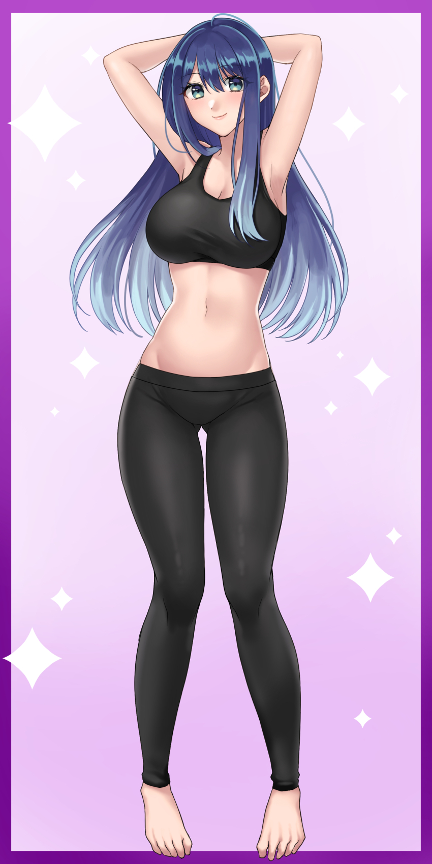 1girl absurdres alternate_breast_size arms_up blue_hair border breasts closed_mouth green_eyes hazuki_(nyorosuke) highres kurokawa_akane large_breasts long_hair looking_at_viewer navel oshi_no_ko pink_background purple_border smile solo standing stomach very_long_hair