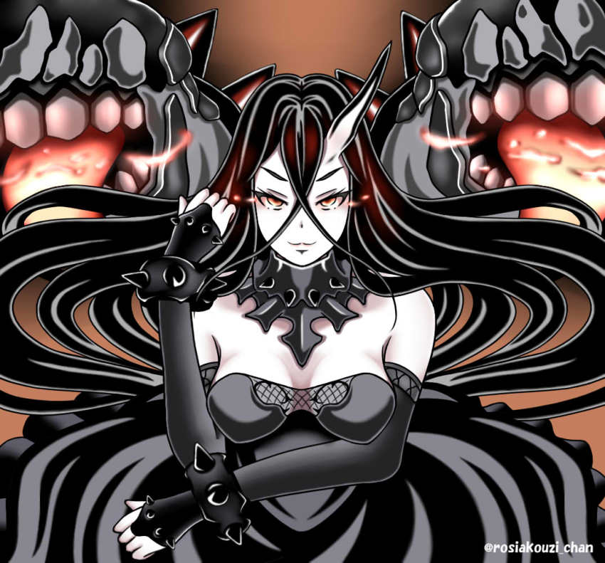 1girl abyssal_ship battleship_water_oni black_dress black_hair bracelet breasts bridal_gauntlets cleavage collar colored_skin dress horns jewelry kantai_collection medium_breasts orange_eyes roshiakouji-chan single_horn smile solo spiked_bracelet spikes twitter_username upper_body v-shaped_eyebrows white_skin