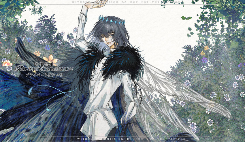 1boy arthropod_boy blue_eyes cape commission crown diamond_hairband dragonfly_wings f3000_kiara fate/grand_order fate_(series) flower flower_bush fur-trimmed_cape fur_trim grey_hair highres insect_wings long_sleeves male_focus medium_hair oberon_(fate) oberon_(third_ascension)_(fate) shirt smile solo upper_body white_shirt wing_cape wings