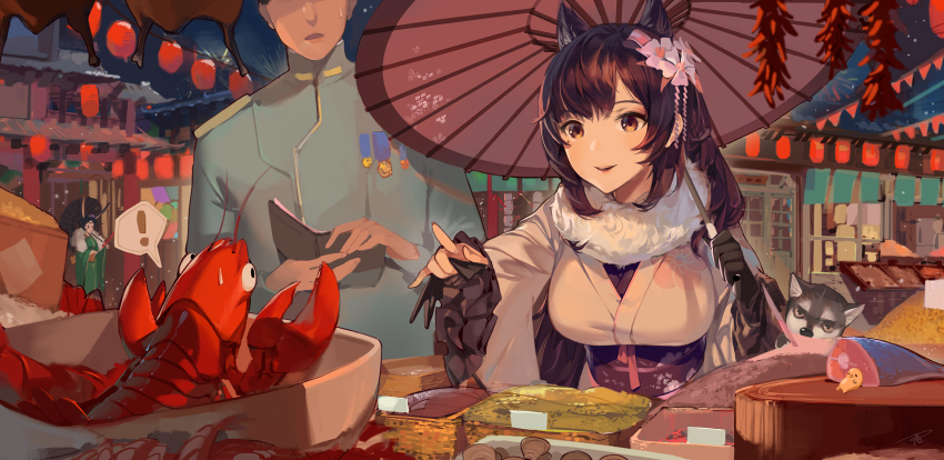 ! 1boy 2girls animal_ears atago_(azur_lane) atago_(hallmarks_of_winter)_(azur_lane) azur_lane black_gloves black_hair bowl clam_shell commander_(azur_lane) damiaodi dog fish frilled_sleeves frills fur_trim gloves gudetama hanging_food head_out_of_frame highres holding holding_wallet husky japanese_clothes kimono lantern lobster long_hair long_sleeves looking_at_another market medal military military_uniform multiple_girls obi oil-paper_umbrella open_mouth paper_lantern photoshop_(medium) pointing puppy sanrio sash smile souryuu_(azur_lane) souryuu_(the_crane_amidst_the_pines)_(azur_lane) sweatdrop umbrella wallet wide_sleeves yellow_eyes